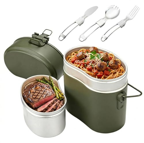 Bundeswehr Essgeschirr, Hitzebeständig Camping Kochgeschirr Outdoor mit Faltbarer Messer, Gabel und Löffel, Bundeswehr Aluminium Kochgeschirr, 1.8L Lunchbox für 1-2 Personen Geeignet
