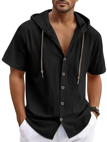 Bsrpolry Camicia da uomo, in cotone e lino, con cappuccio, a maniche corte, da spiaggia, estiva, elegante, M
