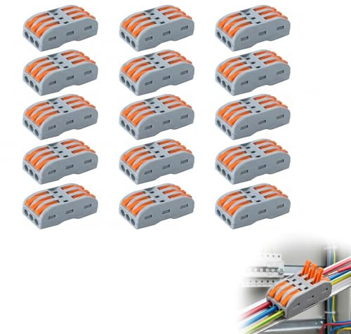 Zolara 15 Stück Verbindungsklemmen, Klemmen 3 Polig, Kabelverbinder 3 Polige, SPL-3C Lüsterklemmen mit Hebel, Kabelklemmen, Steckverbinder, Steckklemmen für Kabel 0,08–4mm², für Kabel Verbinden