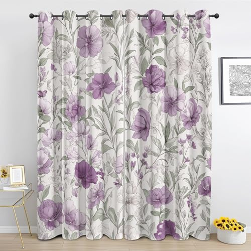 Generisch Lila Blumen Vorhänge Landhausstil Blumenranken Blickdicht Vorhang, Thermo kurz Gardinen mit Ösen Verdunklungsvorhänge für Wohnzimmer Schlafzimmer Fenster Deko 2er Set 160x140 cm e1-I66