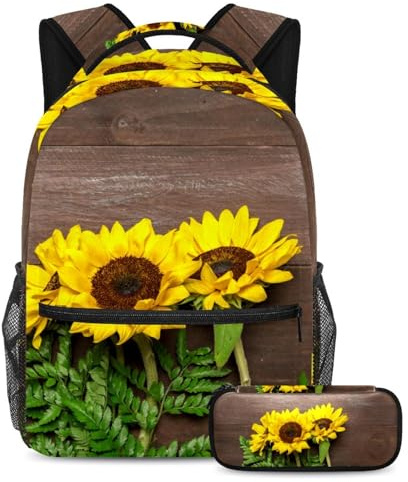 VAPOKF School Bag Set for Teen Girls Boys, Student Bookbag Backpack Rucksack with Pencil Case for School - Bouquet of Sunflowers Fern Leaves Wooden Texture