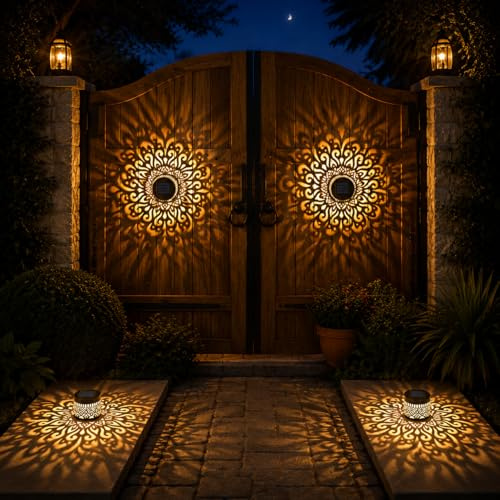 vulkarb 4 Pack Solar Fence Lights, Mandala Pattern Solar Powered Deck Lights, Waterproof Metal Wall Lights for Garden, Patio, Backyard, Fence and Outdoor Decor
