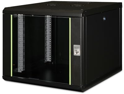 DIGITUS nätverksskåp – 19-tums rack – 9U – 600 mm x 600 mm (BxD) – nyttodjup 450 mm – väggmontering – bärkraft 100 kg – säkerhetsglasdörr – skyddsklass IP20 – Unique-serien – svart