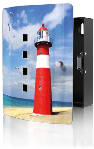 banjado Design Schlüsselkasten aus Edelstahl für 10 Schlüssel - Schlüsselschrank zur Schlüssel Aufbewahrung 24 x 21,5 x 7cm groß mit praktischem Magnetverschluss - Motiv Leuchtturm Westkapelle
