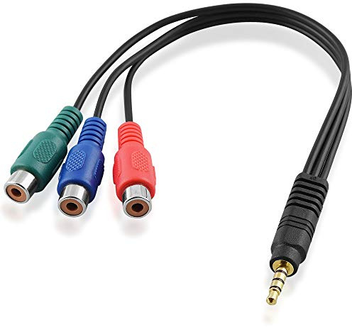 20cm Y Video RGB Composite RCA Aux in Out Kabel Adapter, 3 Cinch Buchse Kupplung weiblich auf 1 3,5mm Stereo Klinke Stecker männlich, geeignet für HD FullHD, Schwarz
