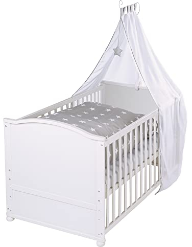 roba Babybett Set Little Stars - 70 x 140 cm - Kinderbett mitwachsend / umbaubar + komplette Textilien im Sterne Design - Höhenverstellbar - Holz weiß