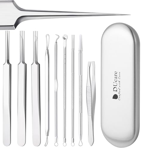 9Pcs Pimple Popper Blackhead Remover Tool by DUcare, Professional Comedone Extractor Kit Hair Eyebrow Tweezers Set for Remove Acne Whitehead Spot Pimple Zit Ingrown