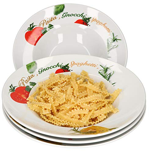 VAN WELL Milano - Juego de 4 Platos para Pasta (27 cm de diámetro, Platos hondos de Porcelana, vajilla gastronómica, Pasta y Pasta, Espaguetis, fusilli, macarónica, pene, Ravioli)