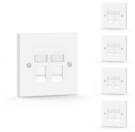 VCE Cat6 RJ45 Socket with RJ45 Module, Double Port, White, 5 Pack | Modular Punch Down Flat Face Ethernet Wall Socket for CAT6/CAT5E/CAT5 Network Cable