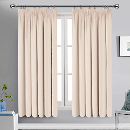 Oxford Homeware Blackout Curtains Bedroom Pencil Pleat Readymade Living Room Window Curtain Tape Top Thermal Insulated Kitchen Curtains+ 2 Tiebacks (Cream, 46 x 54 (117cm x 137cm))