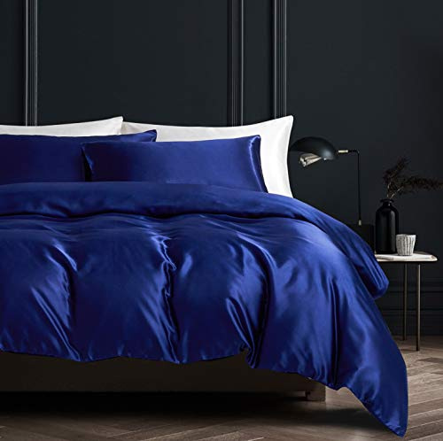 Damier Bettwäsche 200x200cm Blau Satin Bettwäsche Set 3 Teilig Einfarbig Hochwertiges Satin Deckenbezug Bettbezug mit Reißverschluss und 2 Kissenbezüge 80 × 80 cm
