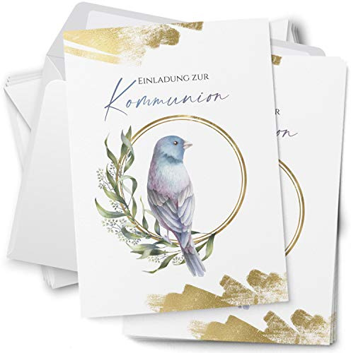 10 Einladungskarten Kommunion mit Umschlägen Motiv Vogel Taube Eukalyptus weiss grün Einladung Karten zur Feier Jungen Mädchen rosa blau