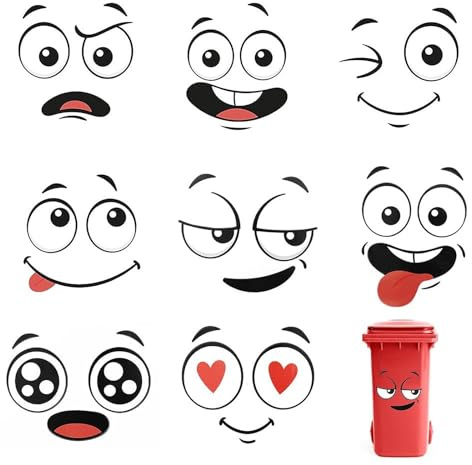 UYUYong 8 Blätter Mülltonnen Aufkleber 30 * 21cm Selbstklebende Augenaufkleber Kinder Cartoon Emoji Aufkleber Lustiger Toiletten Aufkleber Augen Mund-DIY-Aufkleber für Eimer Wand Kühlschrank