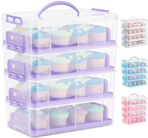 SG Traders Cupcake Carrier with Handle, 48 Stackable Cake Caddy, 4 Tier Bake Holder Snap & Stack Design, Plastic Carry Box for Baked Goods
