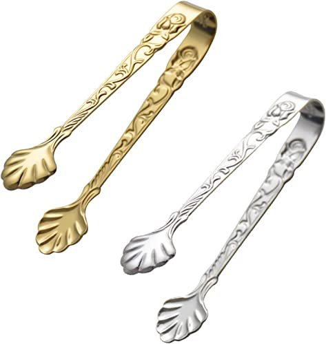 Tbkoly Zuckerzange mit Rosengriff, Vintage-Rosen-Relief-Edelstahl-Clips, Zuckerzange, silberfarben und goldfarben, 2 Stück