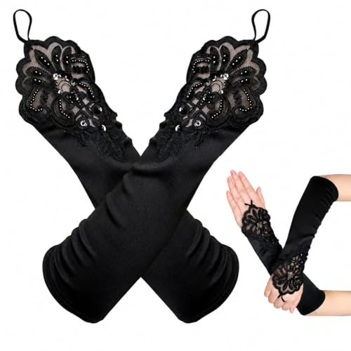FLAVNTEL Gants d'opéra Noirs - Accessoires des Années 1920 - Longs Gants en Dentelle - Coudes Noirs - en Satin pour Mariage, Soirée Dansante, fête - pour Femme
