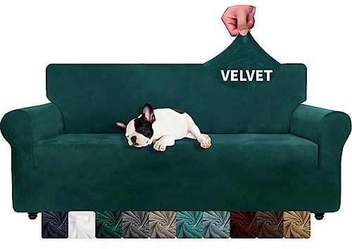 XINEAGE 1 Piece Velvet Couch Covers for 3 Cushion Couch Living Room High Stretch Sofa Cover Pets Dogs Friendly Anti Slip Thickened Slipcovers Furniture Protector (3 Seater, Blackish Green)