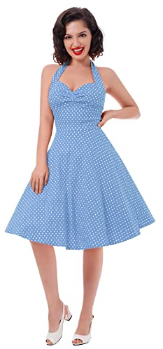 IWEMEK Retro Dress for Women 1950 Swing Halter Neck Dress Vintage 50s 60s Pin Up Rock and Roll A-line Rockabilly Housewife Formal Evening Cocktail Wedding Tea Party Dresses #D: Blue Dots L