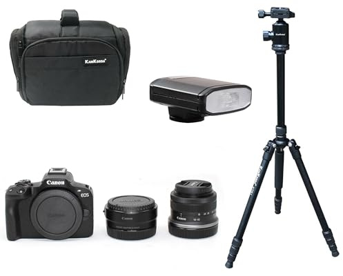 KamKorda Camera Bag + Tripod + Flash + R50 Mirrorless Digital Camera Body Black + RF-S 18-45 f/4.5-6.3 IS STM + Adapter, 24.2MP APS-C CMOS Sensor, UHD 4K Video + 2 Year Warranty