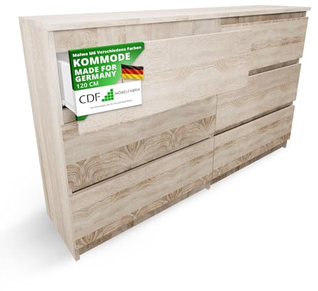 CDF Kommode Eiche Sonoma mit 6 Schubladen 30 cm Tief Komodenschrank Komode | für Wohnzimmer Schlafzimmer Schubladenschrank Malm Kommode viel Stauraum Geeignet Organizer Kleidung 120cm Breite Modern Look
