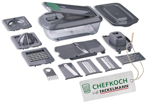 FACKELMANN Chefkoch Mehrzweck Gemüseschneider 16-Teilig – Das Multi-Tool für die Küche ist Cutter, Dicer, Slicer, Chopper und Küchenschneider in einem Set – Multischneider für Gemüse
