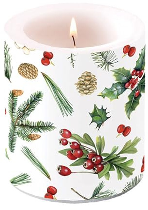 Ambiente Kerze Stumpenkerze Weihnachtskerze Dekorationskerze 10 cm hoch 45h Brenndauer Advent Weihnachten Ilex Mistel Stechpalme Serie winter greenery