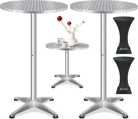 KESSER® Mesa Alta Plegable Bistró | Placa de Acero Inoxidable recubierta de Polvo | Patas Ajustables en Altura | Conjunto de 2 mesas de Fiesta Ø 80 cm | Interior y Exterior Plateada
