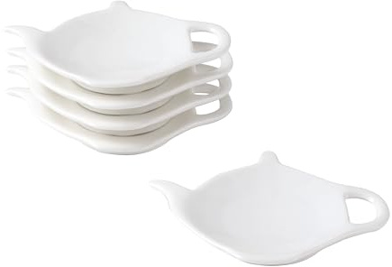 PRECITIME White Porcelain Tea Bag Plate Set of 5, Five Pieces of Tea Bag Coasters, Used Tea Bag Holder, Classic Teaspoon Rest pad, Tea Bag Rest Dish, Tea Party