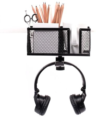 Mi|Do Systems Schreibtisch Organizer 5 in 1 Kopfhörerhalter unter Schreibtisch, drehbarer Griff, Getränkehalter,Stiftehalter für Tasse & Handy, magnetische Fläche (Schwarz)