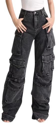 Hugboom Pantaloni Cargo Larghi per Donne e Ragazze, Jeans a Gamba Larga Y2k Hip Hop Streetwear a Vita Bassa Jeans Oversize Vestiti Grunge Blu, Nero 2, L