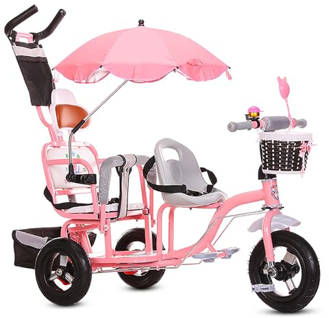 JIYIAN Pink,Style 3, Double Seat Baby Stroller Tricycle,Three Wheels Cycle Rear Seat with Backrest and Handle Adjustable Push Bike Trikes for Kids Dual Steering System