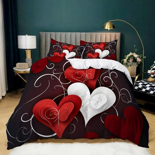 Set Copripiumini E Federe 200 cm x 200 cm Semplice Forma A Cuore Rosso Bianco, Set Di Biancheria Da Letto Con Stampa Easy Care 3 Pezzi Con Cerniera Nascosta Morbida Microfibra Per Tutte Le Stagioni