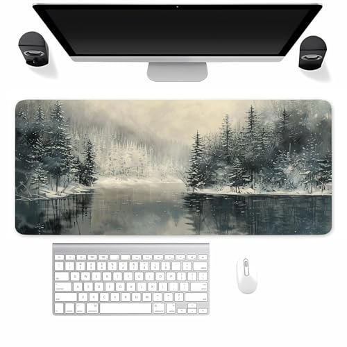 Tapis de Souris XXL Paysage d'hiver, Grand Tapis de Souris Gamer 900x300x2mm, Grand Tapis de Bureau sous-Main avec Base en Caoutchouc antidérapante et Bords Cousus, pour Gamer Bureau