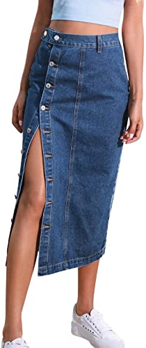 Jeanskjol dam lång med slits: jeanskjol med främre slits lång kjol dragkedja stretch använd look jeanskjol långa kjolar sexig damkjol sommar traditionell kjol jeans blyertskjolar fritidskjol,