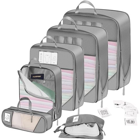 Koffer Organizer,Packing Cubes Compression,6-Teilig Packwürfel Set für Urlaub und Reisen Kofferorganizer für Reise Travel Accessories (Grau)