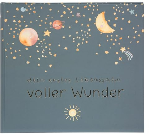 goldbuch 50497 Babytagebuch Voller Wunder Weltraum, Babyfotoalbum Blau-Grau | Tagebuch mit Kunstdruck-Motiv Weltraum, Buch 24,5 x 22,5 x 3,5 cm, Babyalbum mit 100 illustrierten Seiten, Made in Germany