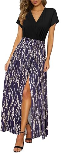 Newshows Sommerkleid Damen Lang Maxikleid Sommer Kurzarm V Ausschnitt Strand Kleider Ketten Blumen Blau,XXL