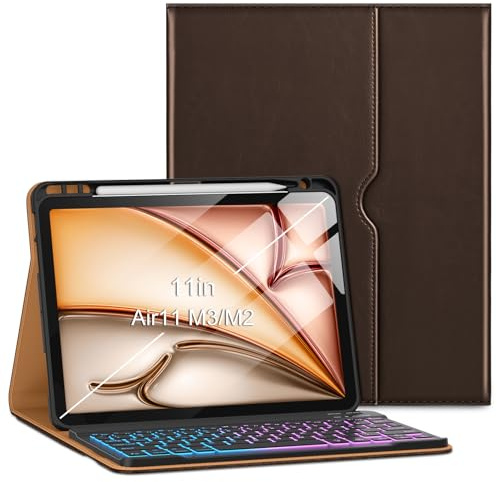 VIKESI Funda con teclado para iPad Air de 11 pulgadas M3/M2 (lanzado en 2025/2024) y iPad Air de 5ª/4ª generación de 10.9 pulgadas, funda de cuero, luz de respiración integrada, fila de funciones