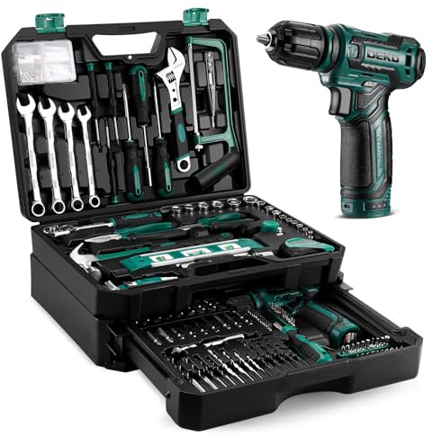 DEKO Caja Herramientas Completa Eléctricas 238 Piezas Verde con 12V Taladro Eléctrico sin Cuerda, 10 mm Chuck sin Llave, Caja profesional de herramientas Domésticas de Bricolaje para Oficinas y Jardín