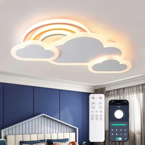 YZBEIMDAI Plafonnier LED Lampe de chambre d'enfant Plafond, 30W/55cm Lampe créative Plafond Nuages Arc-En-Ciel Dimmable Télécommande＆APP, Garçons Et Filles Chambre Lumière Éclairage,Veilleuse, Blanc