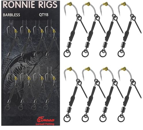 Luroad 8 Stück Set Ronnie Rigs mit Schraube – Gebogene Haken mit Widerhaken, Teflonbeschichtet für Karpfenangeln mit Haar-Rigs