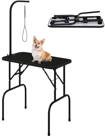 GYMAX Pet Grooming Table, 32'' Foldable Dog Grooming Table with Height Adjustable Arm, Loop Noose, Portable Cat Drying Trimming Station for Medium Small Dogs Cats