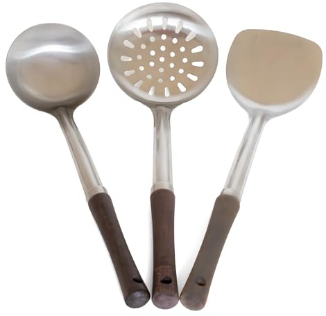 asiastreetfood Wok Besteck Set 3-teilig – Edelstahl mit Holzgriff | Pfannenwender, Schöpflöffel & Sieb - robustes Kochbesteck für asiatische Pfannengerichte - hitzebeständig