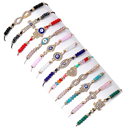 InteDesign 12 PCS Evil Eye Bracelets Adjustable Evil Eyes Charm Bracelet for Women Multi-color Lucky Protection Friendship Bracelet Anklet for Mom Girl Jewelry