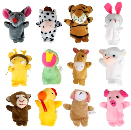 KEQAR 12 Stück Fingerpuppen Set, Fingerpuppen für Kinder, Tiere, Plüschfiguren für Kindergeburtstag, Party Mitgebsel und Geschenkideen für Jungen und Mädchen (Mehrfarbig)