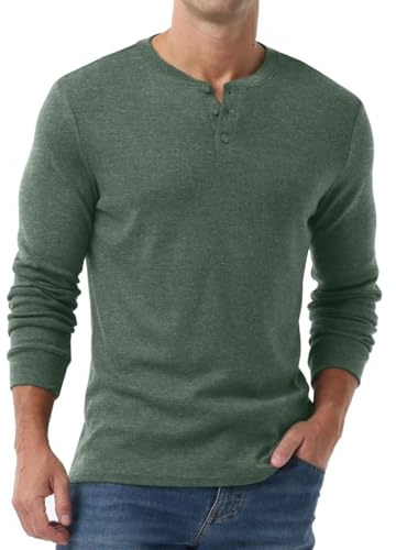 PrinStory Henley t-shirt för män långärmade toppar casual tröja t-shirt för män, Grön, M