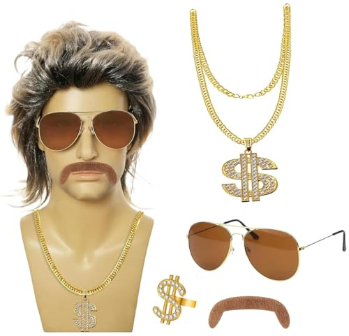 Lot de 5 perruques pour homme des années 70/80/90 - Perruque Vokuhila pour homme, collier, bague, barbe, lunettes, accessoires des années 80 pour costume de carnaval et carnaval