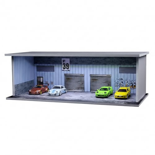 1:64 modellbil monter med LED-belysning och dammskydd – PVC Diorama Parkgarage, Warehouse No.39 design – stapelbar och anslutbar, förvaring för hot hjul, matchbox