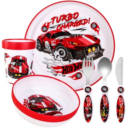 Kids 6 Piece Reusable Dinner Set - Plate/Bowl/Cup/Knife/Fork/Spoon - Childrens Dinnerware Tableware Cutlery Set (Hot Wheels)