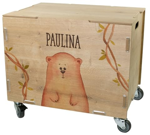 Striefchen® clipfritz Rollbox personalisiert mit Name – Personalisierbare Aufbewahrungsbox mit Rollen & Deckel – Spielzeugkiste aus Holz als Geschenk für Kinder (Bär)
